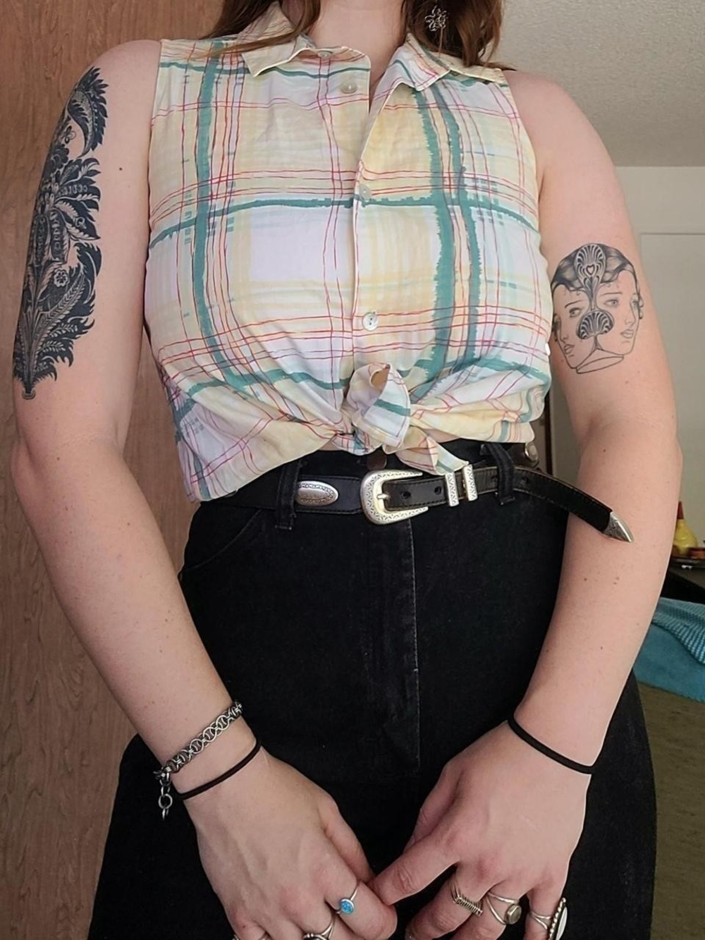 Vintage Pastel Plaid Sleeveless Button-Up